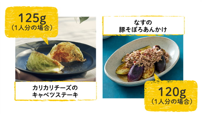 カリカリチーズのキャベツステーキ 125g（1人分の場合）、 なすの豚そぼろあんかけ 120g（1人分の場合）