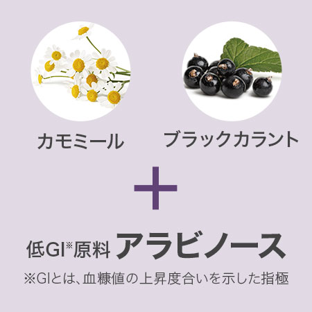 カモミール、ブラックカラント + 低ＧＩ※原料アラビノース　※ＧＩとは、血糖値の上昇度合いを示した指標